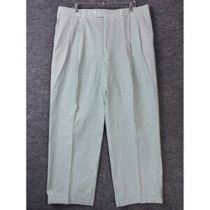 Berle Pants Mens 38x28 Green White Seersucker Striped Pleated Cuffed Preppy